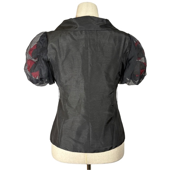 Victor Costa Black Wrap Top w/ Sheer Puff Sleeves & 3D Rose Detail | Size 10 - Picture 3 of 10